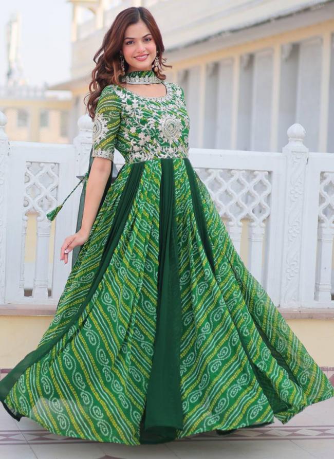 Georgette Green Party Wear Bandhani Print Readymade Anarkali Suit